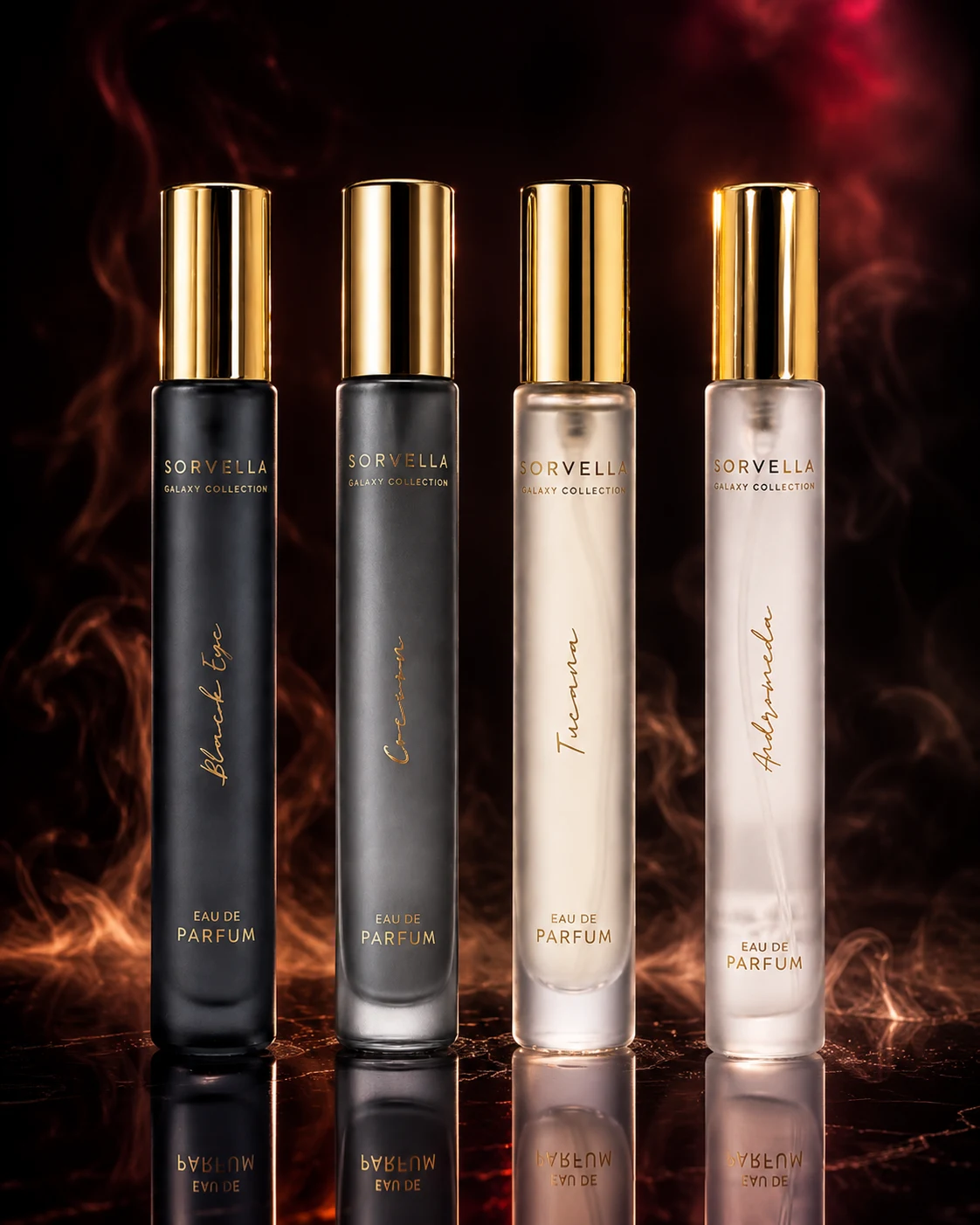 Four Nyvora pocket fragrances on a dark bar